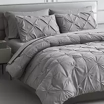 Queen Comforter Set 7 Pieces Pinch Pleat Bed in A Bag, Grey Comforter Queen Sets Pintuck with Comforter Sheets Pillowcases & Shams, Gray Bedding Comforter Sets for Queen Size Bed