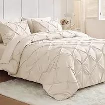 Beige Queen Comforter Set 7 Pieces, Pintuck Bed in a Bag Comforter Sets for All Season Pinch Pleat Bedding Sets with Comforter, Flat Sheet, Fitted Sheet, Pillowcases & PillowShams