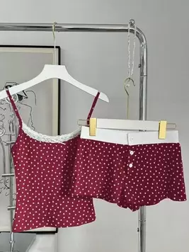 INAWLY 2pcs Women Polka Dot Lace Trim Camisole Top And Mini Shorts Set