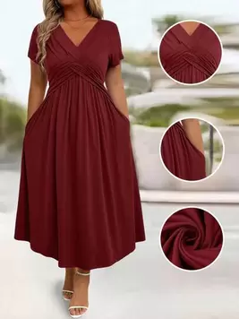 EMERY ROSE Plus Size Solid V-Neck Short Sleeve Pocket Casual Long Dress, For Christmas Burgundy Maxi Women Outfit