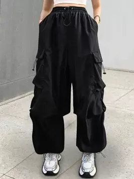 Flirla Plus Size Drawstring Pocket Loose Fit Daily Casual Black Cargo Pants