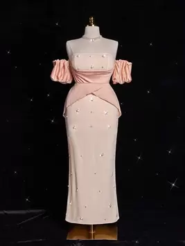 Grovea Plus Size Women Elegant Formal Pearl & Diamond Detail Colorblock Strapless Puff Sleeve Bodycon Long Dress, Suitable For Banquet, Party, Wedding Guest