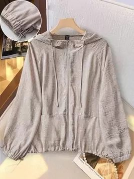 Linhara Plus Size Women Solid Color Drawstring Hooded Loose Casual Comfy Jacket Coat