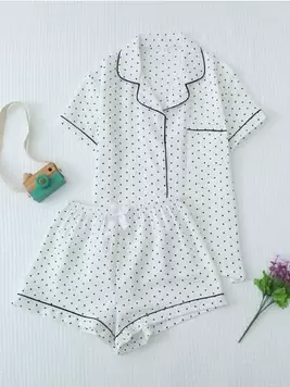 2pcs/Set Women's Mini Polka Dot Printed Pajama Set With Contrast Trim Button-Down Shirt And Bow Tie Shorts, Perfect For Home Wear In Summer White Set,Two Pieces Set