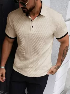 Manfinity CasualCool Men's Casual Vacation Style, Featuring An INS-Inspired Geometric Diamond-Textured Jacquard Knit Short-Sleeve Khaki Polo Shirt With A V-Neck Design. Perfect For Music Festivals,...