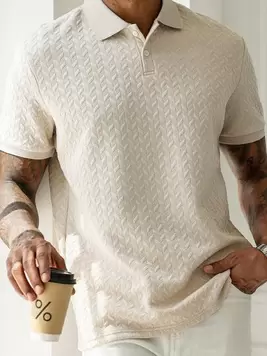 Manfinity Homme Men's Vacation Casual Style With An INS-Inspired Look. A Geometric Diamond-Textured Jacquard Knit Short-Sleeve Khaki Polo Shirt With A Button Placket, Perfect For Music Festivals An...