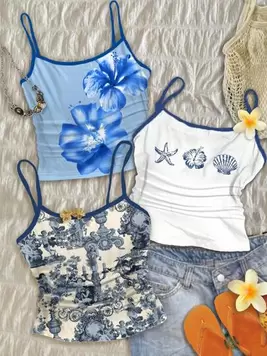 SHEIN Tween Girls French Blue Angel Statue Floral Pattern, Cream Blue Watercolor Florals, Blue Shell Placement Print, Contrast Cami, Vintage Retro Style, Casual Vacation Style, Style, Cute, Y2K Coc...