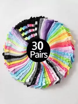 30pairs Children's Short Socks: Candy-Colored, Lace Bowknot, Heart Pattern, Striped, Soft, Comfortable, Casual, All-Match, Student Ankle Socks - Suitable For Daily Use, Random Mixed Colours