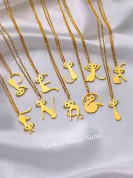 1PC Girls Custom Name Cat Silhouette Personalized Stainless Steel Necklace With Multiple English Names, Minimalist Elegant Fashion Jewelry For Casual And Festive Occasions,Cute Shaped Cats Can Be C...