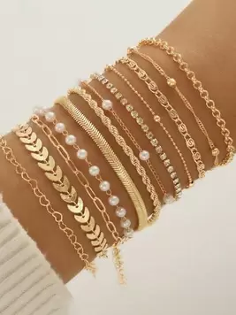 17KM 16/12pcs Set Minimalist Heart Faux Pearl Crystal Beaded Snake Chain Bracelet Set For Women, Gift For Daily Wear, Party, Girlfriends