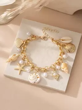 1pc Ocean Theme Starfish, Shell, Pearl Charm Bracelet, Fashionable Multilayer Pendant Bracelet Suitable For Women Beach Party Holiday Wear (Handmade Item, Color & Size May Vary Slightly)