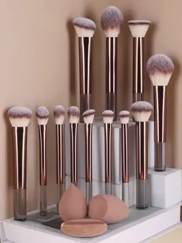 15pcs Makeup Brush Set, Including Powder Brush, Blush Brush, Highlighter Brush, Eyeshadow Brush, Lash Brush, Eyeliner Brush, Angled Makeup Sponge, Round Makeup Sponge, Round Powder Puff, Triangle P...