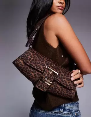 River Island leopard buckle front shoulder bag in brown