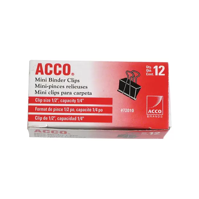 ACCO Fold-Back Binder Clips - Mini (1/2") - 1/4" Capacity - Black - 12 Pack