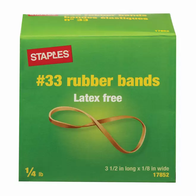 Staples Latex Free Rubber Bands - #33 - 3 1/2" L x 1/8" W - 1/32" Thickness - 1/4 lb. Box