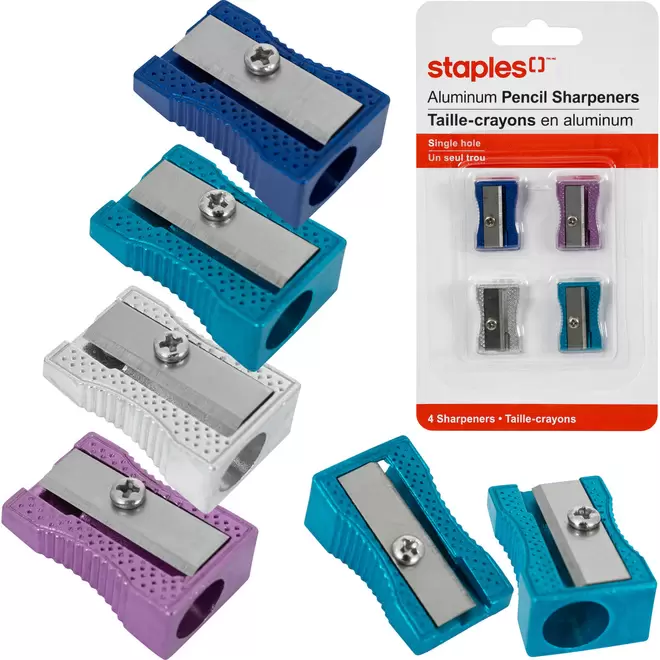 Staples Single-Hole Aluminum Pencil Sharpeners - Assorted Colours - 4 Pack