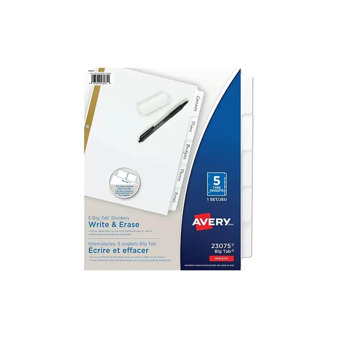Avery Big Tab Write & Erase Dividers - 5 Tabs - White