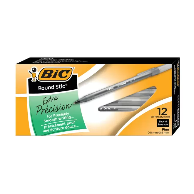 BIC Round Stic Extra Value Ballpoint Stick Pens – Fine Tip – Black – 12 Pack