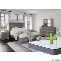 Queen Ralinski Bed w/9.5" Tight Top Extra Firm Memory Foam Mattress & Dresser, Mirror, Nightstand