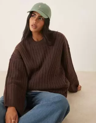 ASOS DESIGN longline crew neck rib knit sweater in chocolate