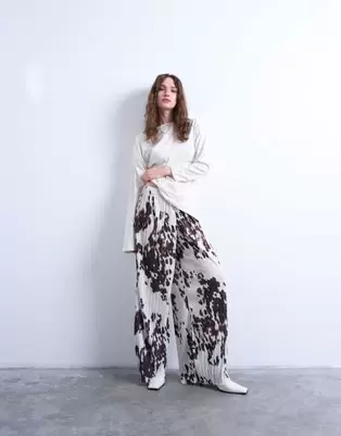 Topshop crinkle wide leg pants in cow print