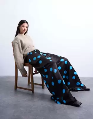 Topshop satin wide leg pants in blue and brown polka dot