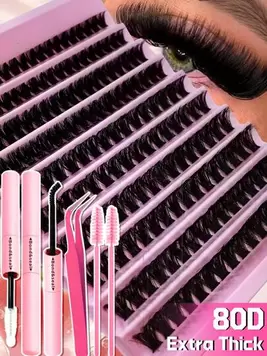 -11%200PCS D Curl DIY Lash Extension Kit Extra Thick 80D 8-16mm Individual Lash Clusters Natural Look&Dramatic Volume&Long Lasting&Water Proof Reusable Individual False Eyelash Extension Kit With Makeup Tools Bond And Seal&Tweezers&2 Brushes For Beginner 