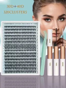 -1%320PCS Individual Lash Clusters Natural Look&Wispy Lash Clusters 30D+40D 2 Styles Mixed D Curl 10-16mm DIY Ultra Light&Super Soft Lashes Reusable Individual Eyelash Extension Kit With Makeup Tool Eyelash Glue Bond And Seal&Tweezers&2 Brushes For Beginn