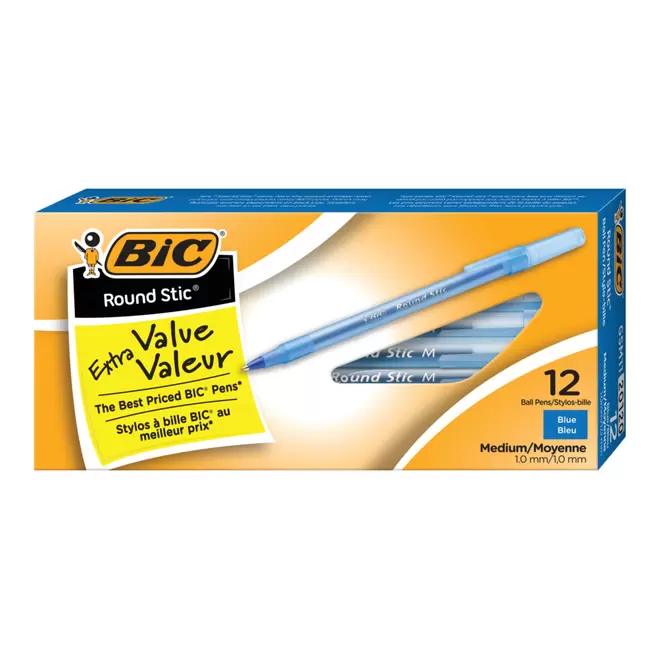BIC Round Stic Extra Value Ballpoint Stick Pens -  1.0mm -  Blue -  12 Pack