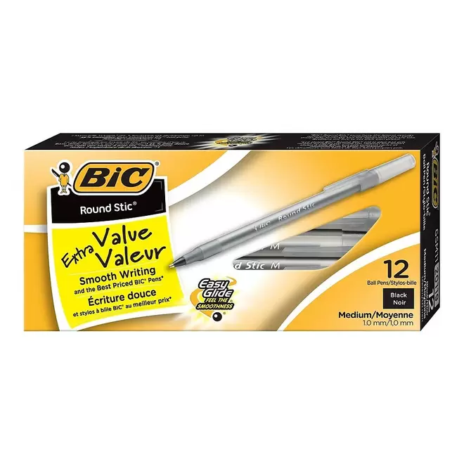 BIC Round Stic Extra Value Ballpoint Stick Pens – 1.0mm – Black – 12 Pack