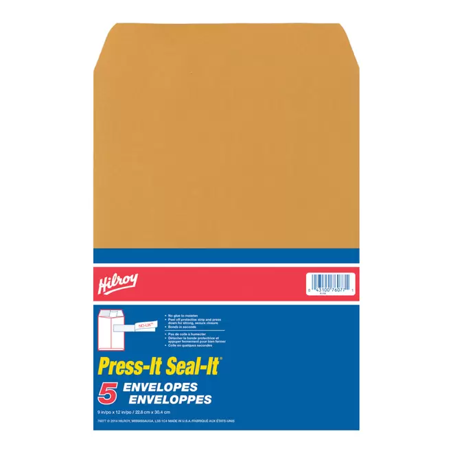 Hilroy Press-it Seal-it Kraft Envelopes - 9" x 12" - 5 Pack