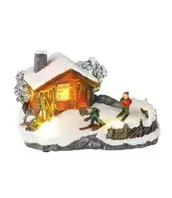 LAUREN TAYLOR LED CHRISTMAS HOUSE w/KIDS SKIING DECOR 7.5" x5.3"x 5"