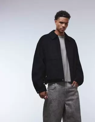 ASOS DESIGN corduroy harrington jacket in black