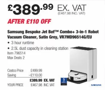 samsung - Bespoke Jet Bot™ Combo+ 3-in-1 Robot Vacuum Cleaner, VR7MD96514G/EU