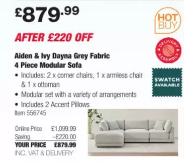 Swatch - Dayna Grey Fabric 4 Piece Modular Sofa