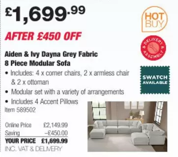 Swatch - Dayna Grey Fabric 8 Piece Modular Sofa