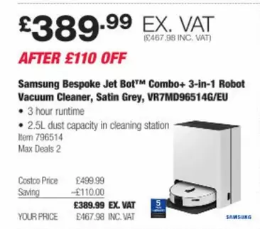 samsung - Bespoke Jet Bot™ Combo+ 3-in-1 Robot Vacuum Cleaner, Satin Grey, VR7MD96514G/EU