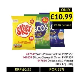 Skips -  Prawn Cocktail PMP 55P, Discos Cheese & Onion PMP 55P, Discos Salt & Vinegar