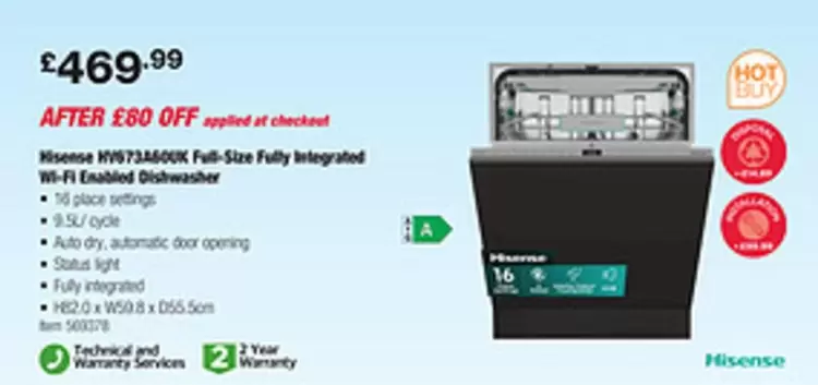Hisense - KV673A60UK Full-Size Fully Integrated Wi-Fi Enabled Dishwasher