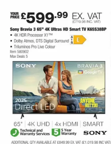 Sony - Bravia 3 65" 4K Ultras HD Smart TV K65S38BP