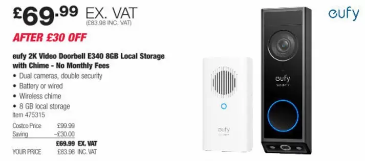 Dual - 2K Video Doorbell E340 8GB Local Storage with Chime