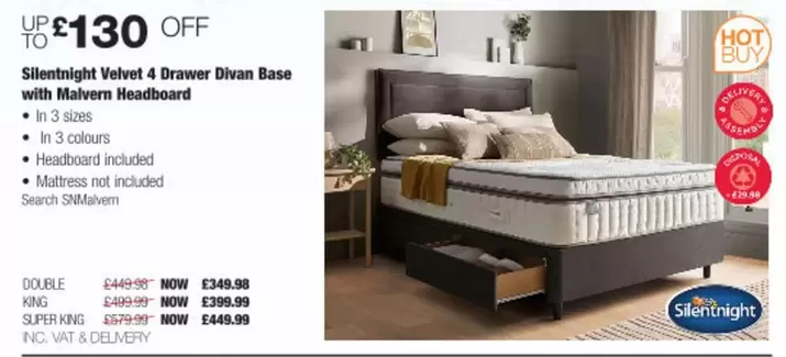 Velvet -  4 Drawer Divan Base with Malvern Headboard