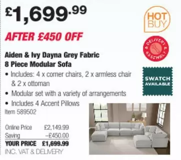 Swatch - Dayna Grey Fabric 8 Piece Modular Sofa