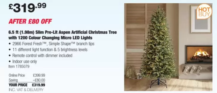 Simple - 6.5 ft (1.98m) Slim Pre-Lit Aspen Artificial Christmas Tree with 1200 Colour Changing Micro LED Lights