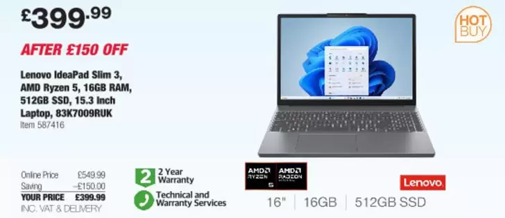 Lenovo - IdeaPad Slim 3, AMD Ryzen 5, 16GB RAM, 512GB SSD, 15.3 inch Laptop, 83K700SAUK