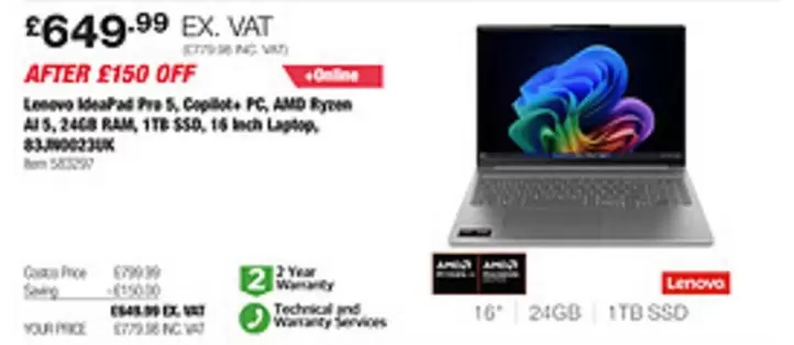 Lenovo - IdeaPad Pro 5, Copilot+ PC, AMD Ryzen AI 5, 24GB RAM, 1TB SSD, 16 Inch Laptop, 83JN0023UK