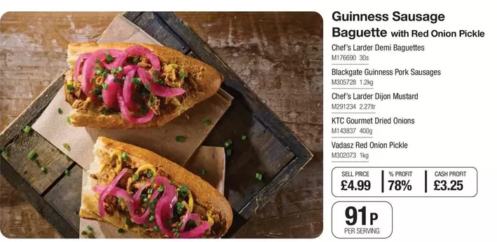 Guinness -  Sausage Baguette with Red Onion Pickle