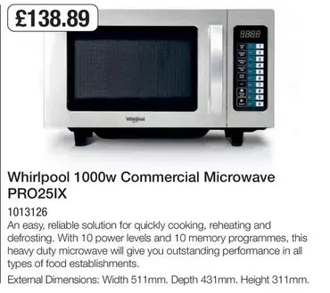 Whirlpool - 1000w Commercial Microwave PRO25IX