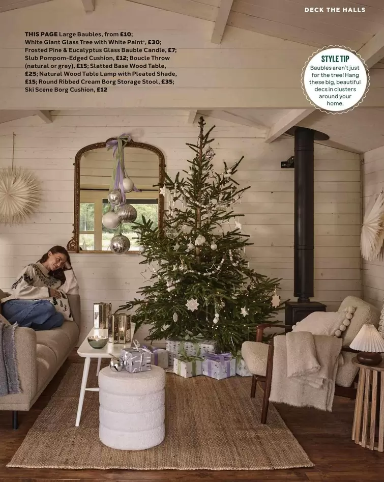 Halls - Large Baubles, White Giant Glass Tray with White Paint, Faux Persimmon & Eucalyptus Garland, Edge Cushions, Bonacia Throw (natural or grey), Stained Base Wood Table, Natural Wood Table Lamp with Pleated Shade, Round Ribbed Cream Burg Storage Stool