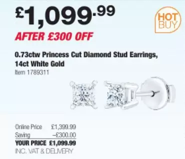 0.73ctw Princess Cut Diamond Stud Earrings, 14ct White Gold